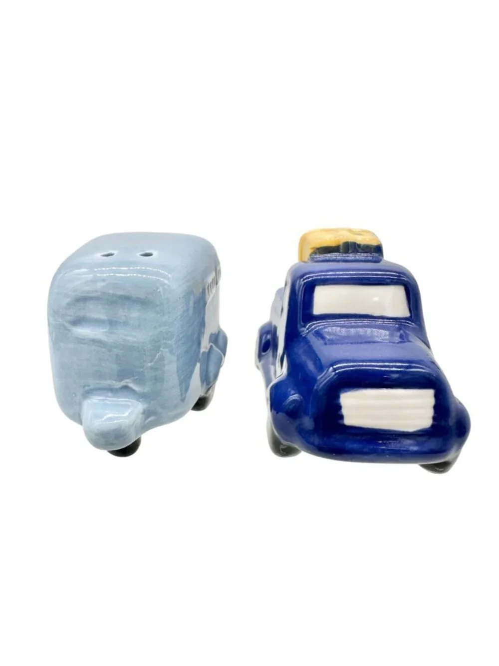 Ceramic Truck and Trailer Salt And Pepper Shaker Set in Blue and Yellow Adorable